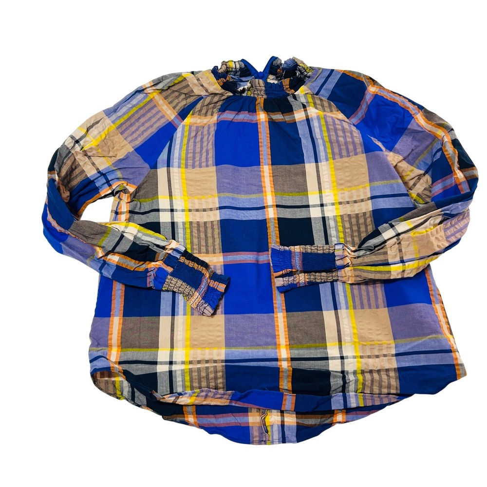 Ann Taylor Womens Blue Plaid Smocked High Neck Cotton Blouse Top Size M 3635